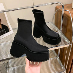 Punk Style Platform Women Ankle Boots Fashion Leopard Short Booties Vintage Thick Heels Ladies Shoes