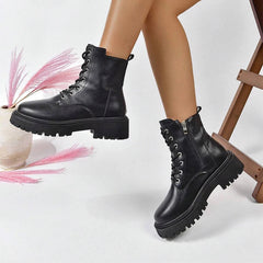 Classics Beige Black Lace Up Ankle Boots Women's Thicken Plush Winter Boots Pu Leather Side Zipper Square Heel Short Boots