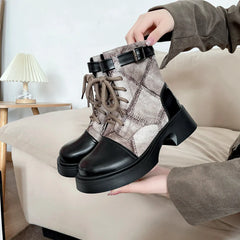 Women's Shoes on Sale Fashion Lace Up Women's Boots Autumn Round Toe Mixed Colors Short Barrel Chunky Heels Ladies Boots