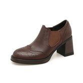 2024 New Spring Genuine Leather Women Shoes Round Toe Women Pumps Brogue Designs Shoes for Women High Heel Loafers Ladies Shoes