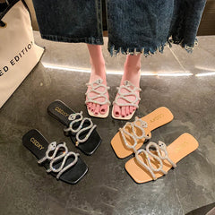 Summer Women Slides Flat Heels Slippers Fashion Rhinestone Design Ladies Lagre Size Flip Flop 2024 Outdoor Woman Shoes Sandals