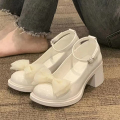 Design Summer Mary Jane Shoes Round Toe Women Shallow Single Shoes Women Fashion Bowtie Party Dress Square Heel Shoes