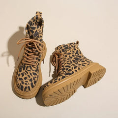 Vintage Leopard Print Women Motorcycle Boots Fashion Lace Up Square Heel Shoes Laides Concise Short Booties