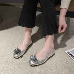 New 2024 Silver Ballet Shoes Women's French Square Headed Shallow Mouth Flat Bottom Straight Line with Mary Jane Single Shoes