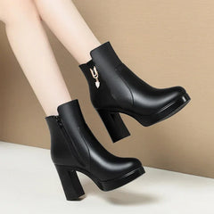 Autumn Winter Women Platform Shoes Warm Fleece Waterproof Short Leather Boots Luxury Black Super High Heel Ankle Boots
