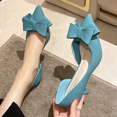 Blue Bowtie Thin Heeled Pumps Women Autumn PU Leather Slip on High Heels Shoes Woman Pointed Toe Party Shoes Mujer