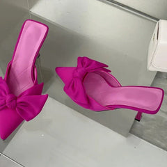 Autumn Big Butterfly-knot Women Slippers Sandals Shallow Pointed Toe Mules Stripper High Heel Pumps Ladies Shoes