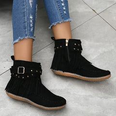 Bohemian Style Tassels Ankle Boots Women Retro Faux Suede Buckle Strap Short Boots Woman Plus Size 43 Flat Heels Western Botas