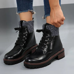 Autumn New Patent Leather Thick Heel Ankle Boots Womens Thickening Warm Western Boots Fashion Boots Woman Lace Up Botas