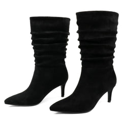Designer Style Suede Ruched Mid Calf Boots