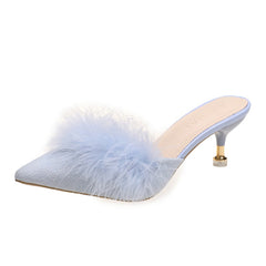 Blue High Heels Party Sandals Women Summer Pointed Toe Fur Slippers Woman Elegant Slip On Thin Heeled Shoes Outdoor Slides