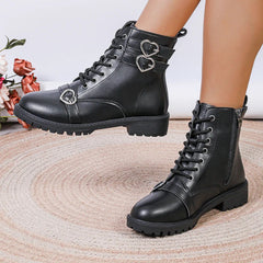 Black PU Leather Ankle Boots for Women 2024 Autumn Fashion Lace Up Size Zipper Short Boots Woman Metal Decor Low Heels Booties