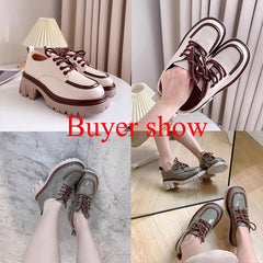 British Style Chunky Platform Pumps Women Spring Lace Up Thick Heels Loafers Woman Round Toe Patent Leather Shoes