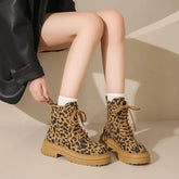 Vintage Leopard Print Women Motorcycle Boots Fashion Lace Up Square Heel Shoes Laides Concise Short Booties