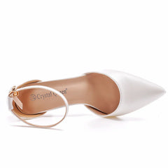 Crystal Queen Women 7CM Thick High Heels Sexy Pumps White Wedding Bride Shoes Pointed Toe Buckle Strap Sandals