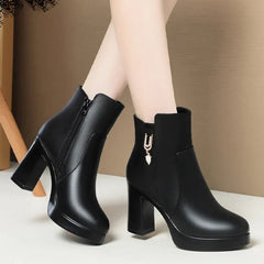 Autumn Winter Women Platform Shoes Warm Fleece Waterproof Short Leather Boots Luxury Black Super High Heel Ankle Boots