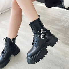 Fashion Soft Leather Mid-calf Biker Boots Women Winter New Metal Buckle Design Chunky Heel Ankle Boots Punk Style Platform Boots