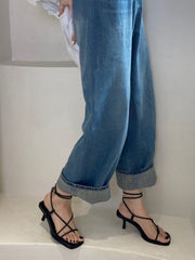 Cross Toe Hollow Out Shoes Office Lady Retro Thin Heels Sandals Casual Summer Beach Fashion Vintage Black Shoes Woman Korea