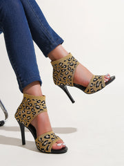 Hot 2024 Spring Summer Women's New Designer Knitted High Heel Sandals Open Toe Ladies Sexy Party Shoes Leopard Print Stilettos