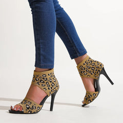 Hot 2024 Spring Summer Women's New Designer Knitted High Heel Sandals Open Toe Ladies Sexy Party Shoes Leopard Print Stilettos