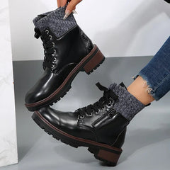 Autumn New Patent Leather Thick Heel Ankle Boots Womens Thickening Warm Western Boots Fashion Boots Woman Lace Up Botas