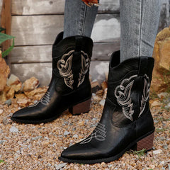 Black Embroidery Western Cowboy Boots Women Plus Size Thick Heels Ankle Boots Woman Pointed Toe Slip On Short Booties