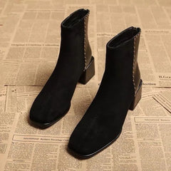 Rivets Middle Heel Short Boots Padded Autumn and Winter Hundred with Frosted High-heeled Winter Shoes Thick with Women's Boots