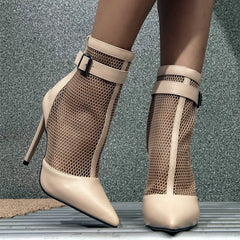 Sexy Mesh Leather Splicing Thin High Heel Women's Boots Summer Belt Buckle Design High Heels Banquet Wedding Boots for Women