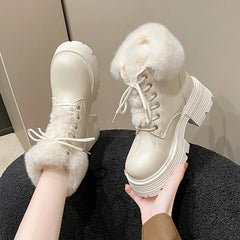 Winter Fluffy Fur Women Snow Boots Fashion Lace Up Short Booties Comfort Thick Heels Ladies Shoes
