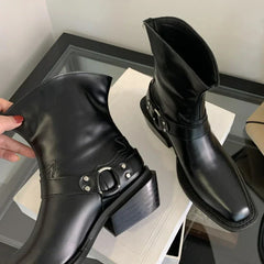 New Retro Thick Heel Ankle Boots for Women Fashion Designers Embroidery Short Boots Metal Buckle Design Punk Knight Boots