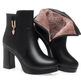Autumn Winter Women Platform Shoes Warm Fleece Waterproof Short Leather Boots Luxury Black Super High Heel Ankle Boots