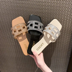 New Large Size Crystal Bow Women Slippers Fashion Open Toe Flat-heeled Sexy Shoes Women Summer Casual Slides Female Flip Flops