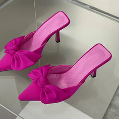 Autumn Big Butterfly-knot Women Slippers Sandals Shallow Pointed Toe Mules Stripper High Heel Pumps Ladies Shoes