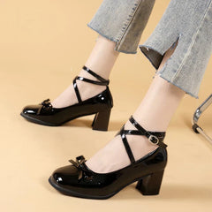 BACK TO SCHOOL Black Mary Jane Women Pumps Thick High Heels Shoes Female Lolita Square Toe Shoes Spring Fashion Party Leather Woman Shoes New