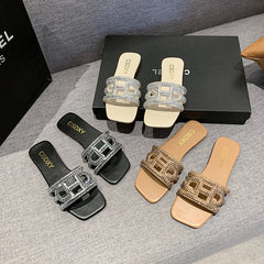 New Large Size Crystal Bow Women Slippers Fashion Open Toe Flat-heeled Sexy Shoes Women Summer Casual Slides Female Flip Flops