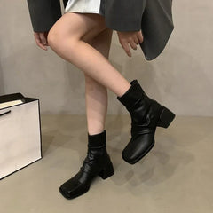 Autumn Winter Women Ankle Boots Fashion Square Toe Back Zippers Shoes Vintage Square Heels Ladies Short Booties