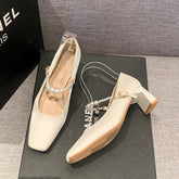 New Fashion Chunky Heels Women's Square Toe Thick Heel Pearl Mid Heeled Pumps Shoes Mary Jane Slippers Sandals Zapatillas Mujer