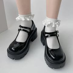 Chunky Platform Mary Jane Shoes Women Heart Buckle Strap Thick Heels Pumps Woman Black Patent Leather Lolita Shoes Laides