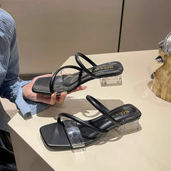 New Summer Fashion Square Toe Square Heel Comfortable Open Toe Sandals Mid Heel Sexy Elegant Women's Slippers Woman Shoes