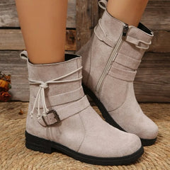 Retro Women's Cowboy Boots Autumn New Suede Low Heel Female Boots Luxury Belt Buckle Side Zip Design Mid-Calf Boots Size 43