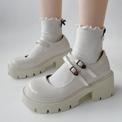 Chunky Platform Mary Jane Shoes Women Heart Buckle Strap Thick Heels Pumps Woman Black Patent Leather Lolita Shoes Laides