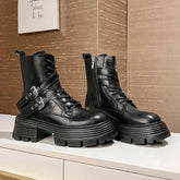 Fashion Soft Leather Mid-calf Biker Boots Women Winter New Metal Buckle Design Chunky Heel Ankle Boots Punk Style Platform Boots