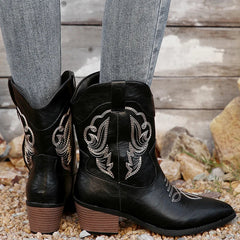 Black Embroidery Western Cowboy Boots Women Plus Size Thick Heels Ankle Boots Woman Pointed Toe Slip On Short Booties