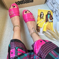 Women's Summer New Fashion Metal Belt Buckle Low Heel Outdoor Slippers Woman Soft Leather Flat Bottom Anti slip Beach Sandal