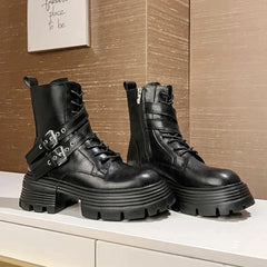 Fashion Soft Leather Mid-calf Biker Boots Women Winter New Metal Buckle Design Chunky Heel Ankle Boots Punk Style Platform Boots