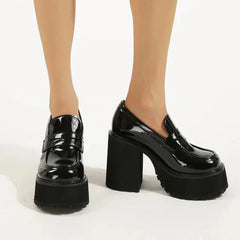 Chunky Platform Loafers Heel Patent Leather Slip On Casual Shoes Women Lady Office Shoes Japanese Lolita Black Heels