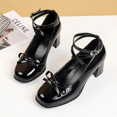 BACK TO SCHOOL Black Mary Jane Women Pumps Thick High Heels Shoes Female Lolita Square Toe Shoes Spring Fashion Party Leather Woman Shoes New
