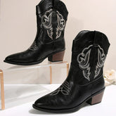Black Embroidery Western Cowboy Boots Women Plus Size Thick Heels Ankle Boots Woman Pointed Toe Slip On Short Booties