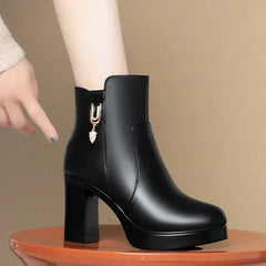 Autumn Winter Women Platform Shoes Warm Fleece Waterproof Short Leather Boots Luxury Black Super High Heel Ankle Boots