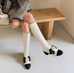 Flower Round Toe Knee High Boots Block Heels Mixed Color Patchwork Women Sexy Sweet Autumn Fashion Boots Casual Shoes
